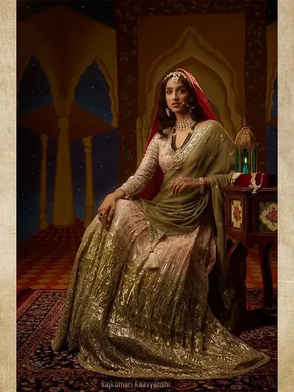 Styling for Rajkumari Kaavyanshi. Her shimmering gold and olive lehenga, paired with a red veil, creates a classic royal look that is both opulent and elegant.