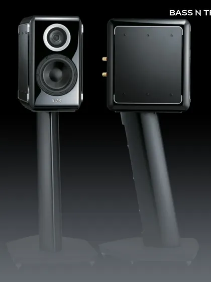 The TAD ME1 on its dedicated stand. This speaker uses a unique bidirectional slot port to deliver surprisingly deep and controlled bass for its size.