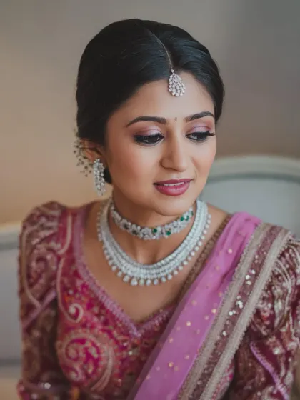 A close-up on the finished look, highlighting the delicate pink eyeshadow and flawless skin. It's a look that is both modern and timelessly bridal.