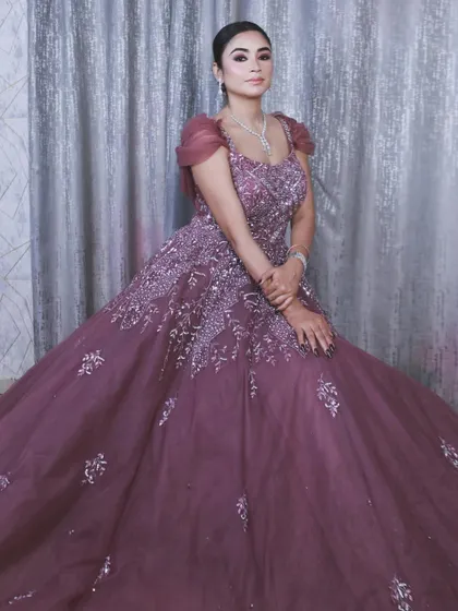 A closer seated portrait that shows the detail on the bodice and the soft tulle of the sleeves.