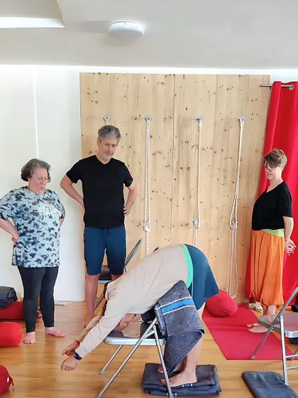 Additional images from my personal practice and teaching sessions, demonstrating a wide variety of asanas and the use of props. Each photo shows a moment of exploration in the journey of yoga.