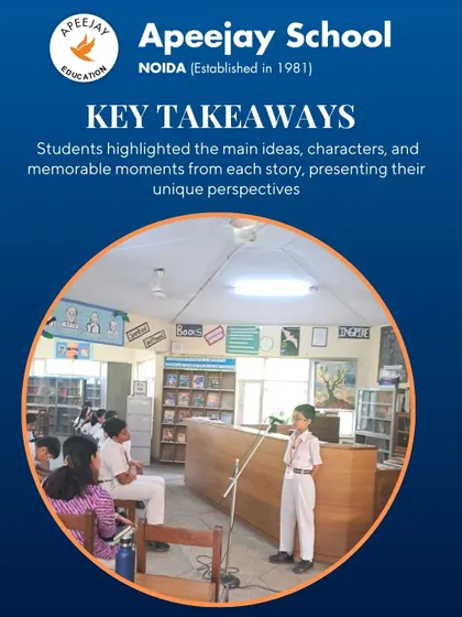 During our story narration session, students highlight key takeaways from their chosen books. This participant is sharing his unique perspective on the characters and memorable moments from a Ruskin Bond story.