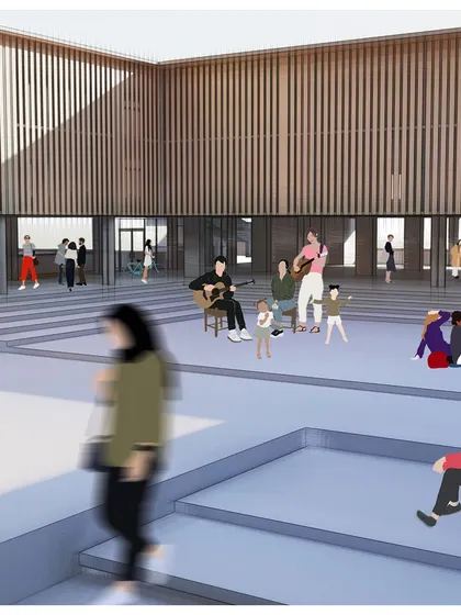 A render of an open plaza within the COE, designed as a flexible space for informal gatherings, performances, and community interaction.
