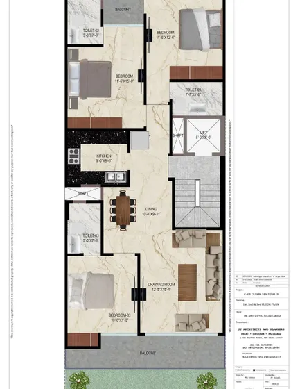 A 3BHK furniture layout plan for a 160 sq. yard builder floor in CR Park. This colored plan helps clients visualize how their furniture will fit and how the space will flow.