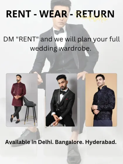 Rent, wear, return. It's that simple. I can help you plan your entire wedding wardrobe with multiple looks for every function, all for less than the cost of buying one outfit. Available in Delhi, Bangalore, and Hyderabad.