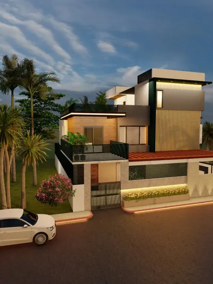 A daytime version of the same villa, showing the clean lines and material textures in natural light.
