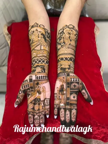 A personalized mehendi for a couple, with portraits of them on the palms and figures of Radha-Krishna on the arms. Every detail tells a part of their story.