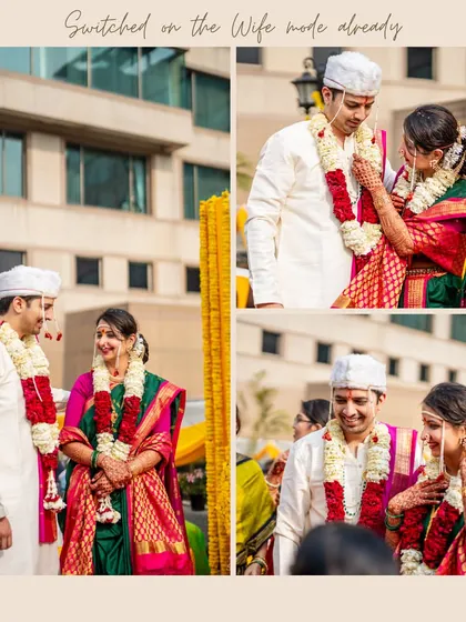 A collage showing the bride playfully fixing the groom's attire during their Maharashtrian wedding. It captures the fun and caring dynamic of their relationship.