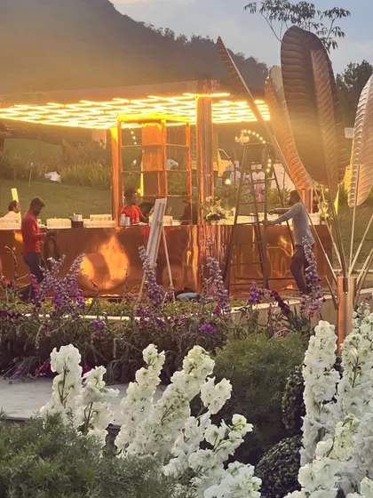 Here's our team setting up a bespoke polished copper bar for a reception at Nandi Hills. We love working with unconventional materials to create statement pieces that become the centerpiece of an event.