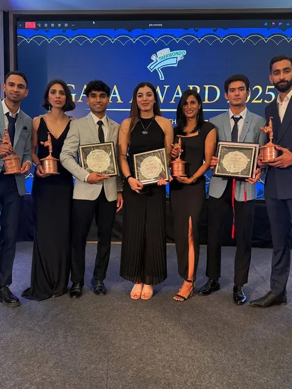 Our stars shining at the India Taekwondo Gala Awards 2025. This group photo captures our award-winning athletes, who were recognized for their outstanding performances and sportsmanship.