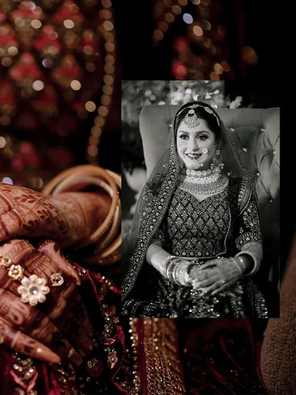 A creative collage blending a black and white portrait with close-up details of the bride's hands and lehenga.