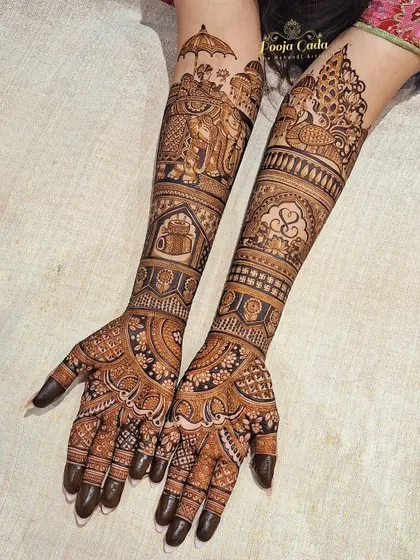 A classic design featuring a groom on an elephant, a symbol of a royal procession, balanced with delicate peacock and floral work.