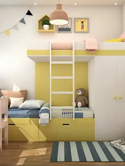 A loft bed with a study area and wardrobe underneath, in a cheerful yellow and white color scheme.