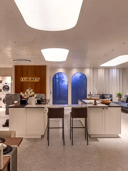 Another view of our spacious and light-filled Delhi showroom, designed to inspire and help clients visualize their own dream kitchens.