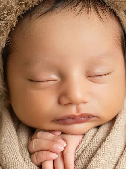 A macro close-up focusing on the perfect, peaceful features of a sleeping newborn. The fluffy bear bonnet adds a layer of softness and warmth.