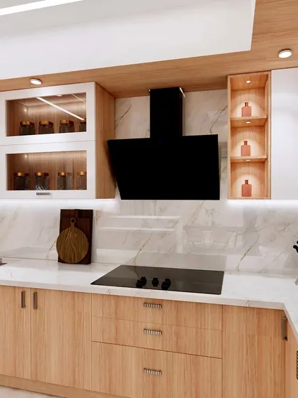 A detailed render of a modular kitchen with a mix of wood and white finishes, a sleek black chimney, and illuminated display cabinets.