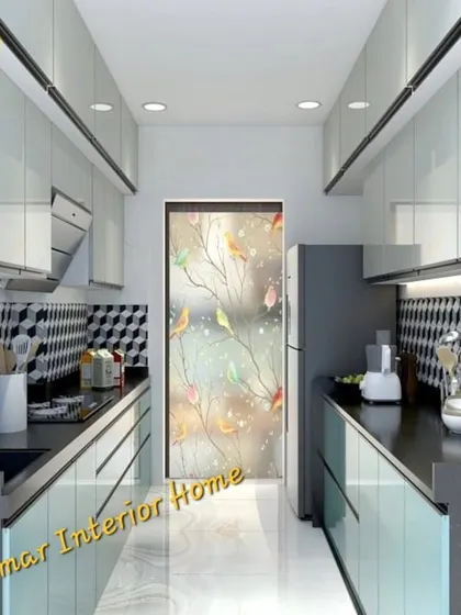 This parallel kitchen uses a striking floral-patterned door at the end, showing how we can incorporate artistic elements into functional spaces.