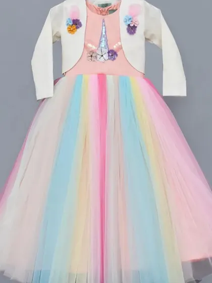If you have a party theme, I can design the dress for it. This unicorn gown with a rainbow skirt and matching jacket is a fun option for a kid's birthday party.