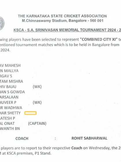 The official team list for the KSCA S.A. Srinivasan Memorial Tournament, with our player Shikhar Shetty selected for the Combined City XI.