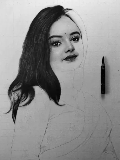A work-in-progress shot of a portrait, showing the face and hair fully rendered before moving on to the clothing. This layering method is key to realism.