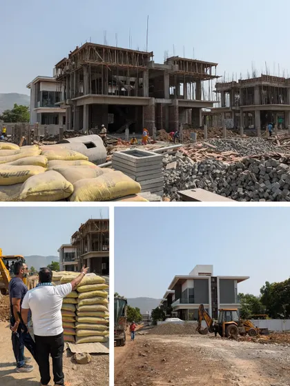 A collage of photos from a weekend site visit to a bungalow project in Lonavala. It shows the project in its raw construction phase and our team overseeing the progress, ensuring quality from the ground up.