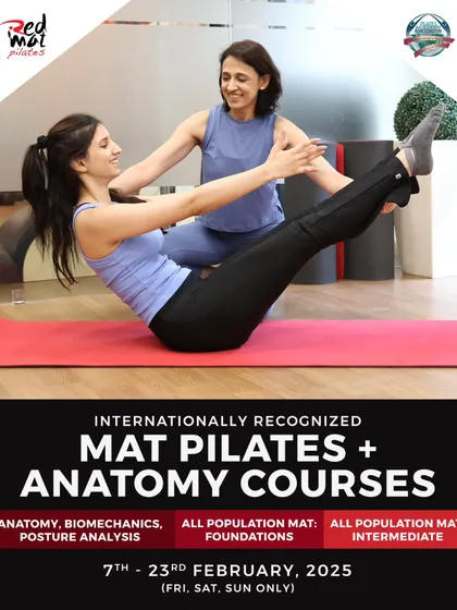 This graphic announces the complete Mat Pilates and Anatomy courses for February. It showcases my hands-on teaching approach and the comprehensive nature of the training.