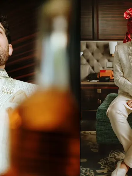 A collage of the groom getting ready, showing him in a moment of thought and posing in his final attire.