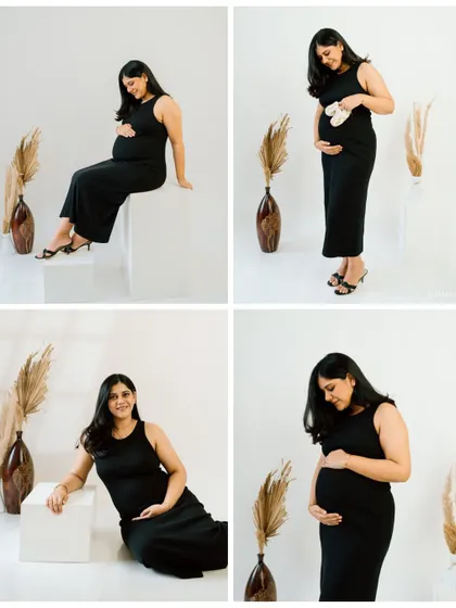 A collage showcasing different poses from a classic studio session. It shows the variety of beautiful, clean, and timeless solo portraits we can create.