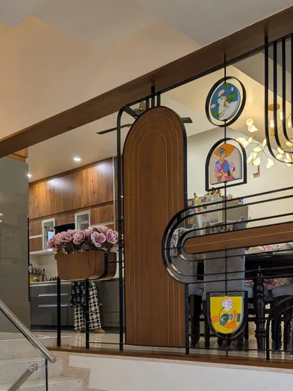 The full view of the artistic partition, which acts as a functional piece of art within the home.