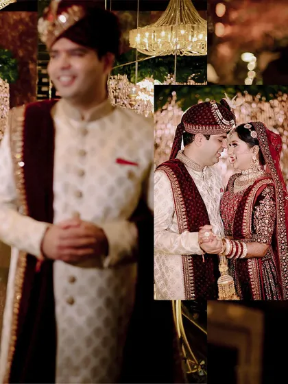 A collage capturing the groom's happy expression and a romantic couple portrait.