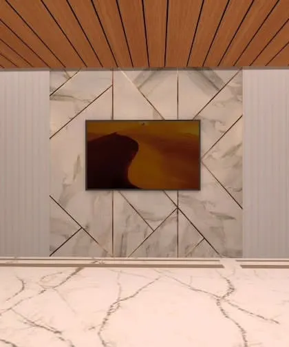 An interior view of a proposed entertainment room. The design features a large TV on a marble-clad wall, with a comfortable sofa and a view of the garden.