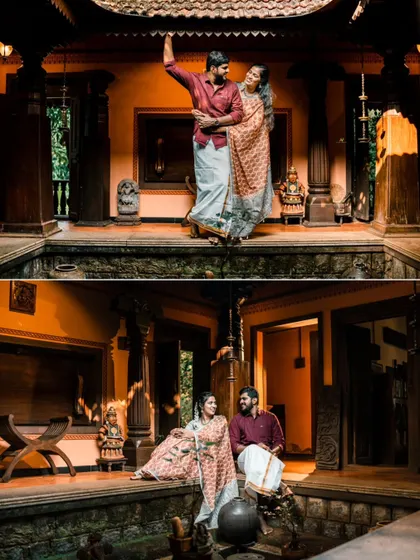 A collage capturing a couple's dance and a quiet moment in the stunning courtyard of a vintage home, perfect for a heritage-themed pre-wedding shoot.