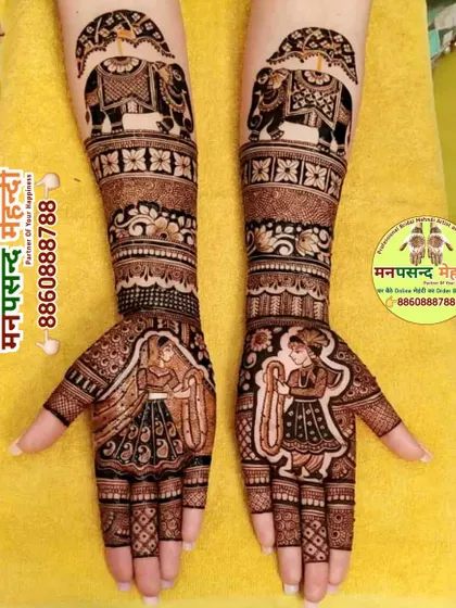 Learning to create full bridal mehndi, including detailed portraits and traditional motifs like decorated elephants, is a key part of our advanced course module.