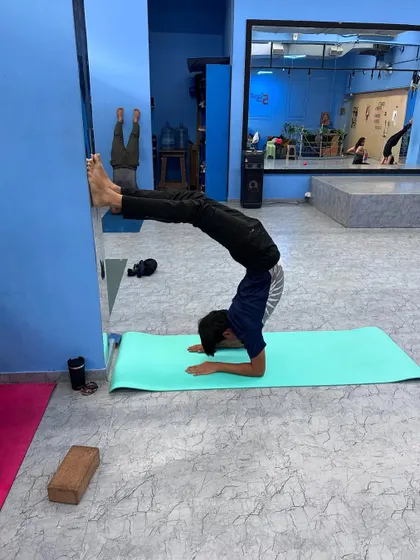 Another student working on a scorpion variation in Pincha Mayurasana at the wall. This is for regular practitioners with more than 2 years of practice.
