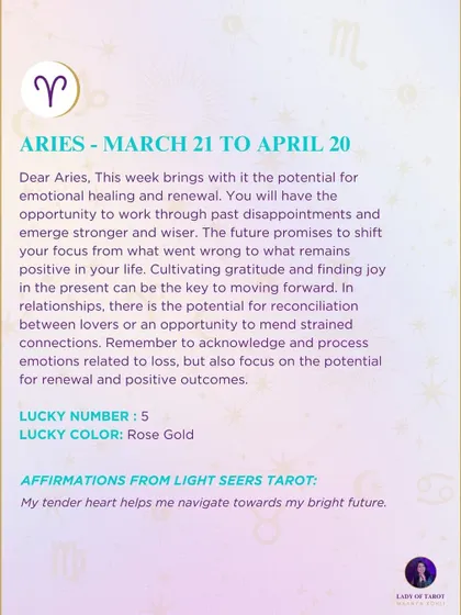 A weekly tarot forecast for Aries. This week brings with it the potential for emotional healing and renewal. Cultivating gratitude can be the key to moving forward.
