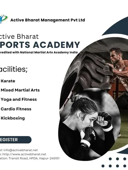 See how our partners leverage our brand. This is a promotional graphic from Active Bharat Sports Academy in Hapur, an accredited NMAA center, showcasing the variety of training they offer, including karate, MMA, yoga, and kickboxing, all under our recognized banner.