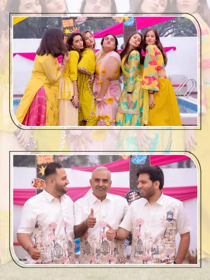 A collage showing the bride with her bridesmaids and the groom with his groomsmen, capturing the fun of the day.