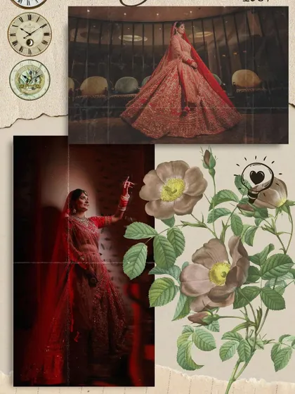 A vintage-style collage of a bride in her magnificent red lehenga. The scrapbook-like design with floral illustrations adds a romantic and timeless quality to the portraits.