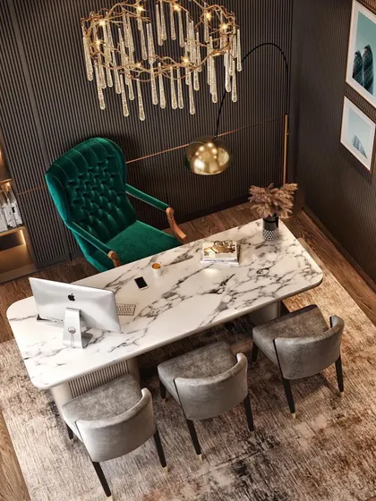 An overhead view of the luxury office cabin, providing a clear layout of the space. This angle is useful for understanding the relationship between the desk, seating area, and storage.