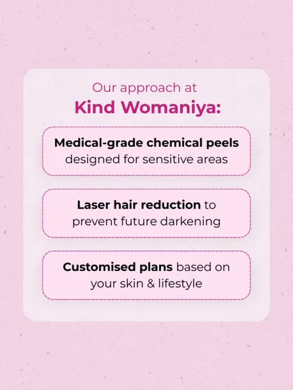 For issues like underarm darkening, we offer a comprehensive approach. This includes medical grade peels, laser hair reduction to prevent future darkening, and customized plans.