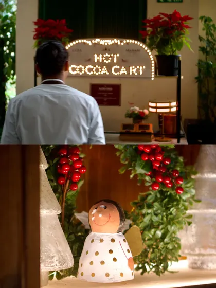 A collage from our spectacular Christmas lunch service, showing the festive decor, the hot cocoa cart, and our little angel ornament watching over the celebration.