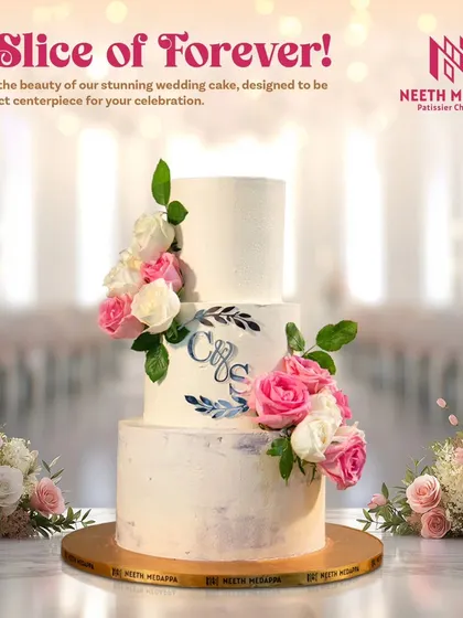 A slice of forever. This stunning three-tiered wedding cake, set in a beautiful reception hall, is the perfect centerpiece for your celebration, with its elegant floral design and personalized details.