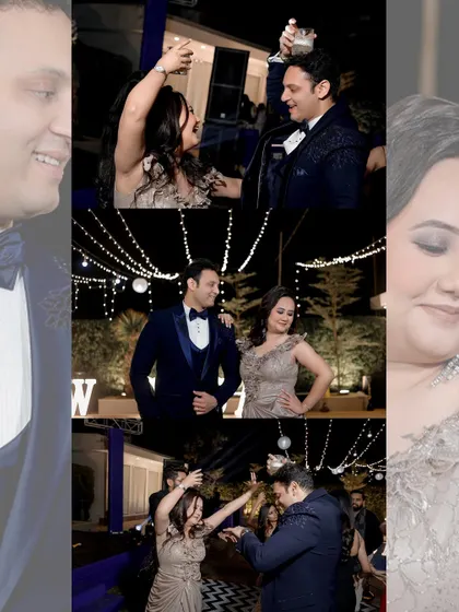 A series of romantic nighttime portraits from an engagement party by a pool, capturing the couple's dance, kisses, and the ring exchange.