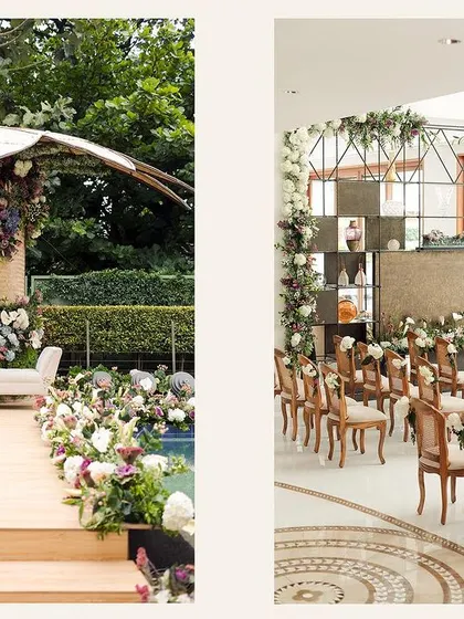 A collage showing both the indoor and outdoor setups for the sustainable home engagement, highlighting the cohesive and organic design.
