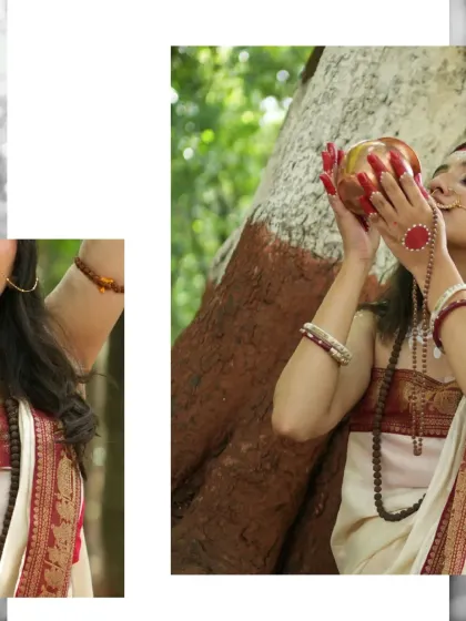 A composition focusing on the ritualistic aspects of the shoot, showing the model blowing a conch shell, a symbol of sacred sound.