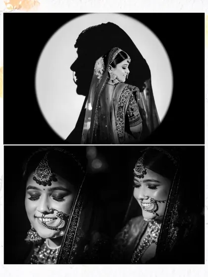A collage of artistic black and white bridal portraits. The creative use of shadow and light, including a silhouette projection, showcases our unique approach to bridal photography.
