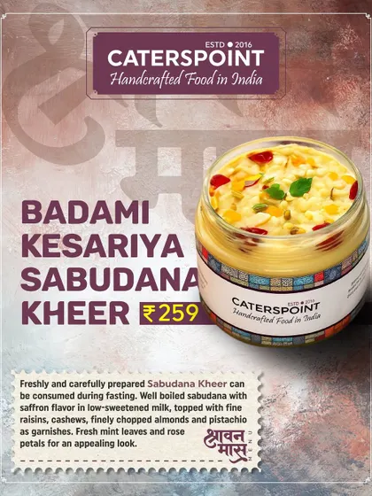 Our Badami Kesariya Sabudana Kheer is a freshly prepared, low-sweetened kheer that can be consumed during fasting. It's topped with fine raisins, cashews, and almonds for a rich and appealing look.