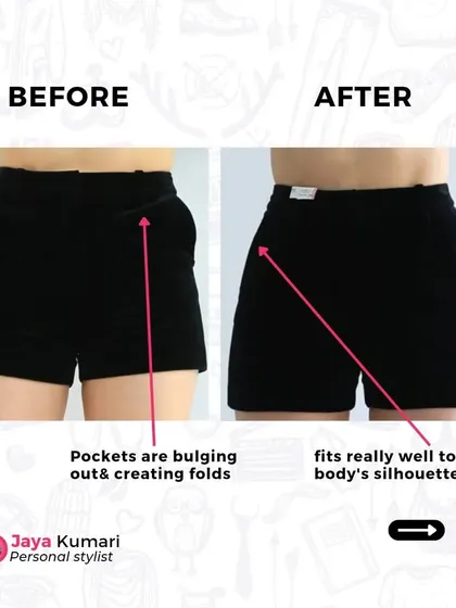 A before and after example of how tailoring can transform a pair of shorts. The altered version fits the body's silhouette perfectly without any bulging pockets.