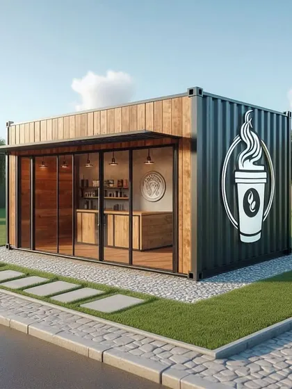A sleek and simple modular cafe design. The large service window can be opened up to create an indoor-outdoor feel, perfect for a roadside or park location.