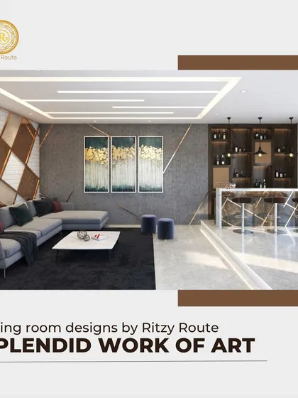 A splendid work of art, this living room combines geometric wall patterns, a statement art piece, and a built-in bar. The design creates a dynamic yet cohesive space that is perfect for modern living.